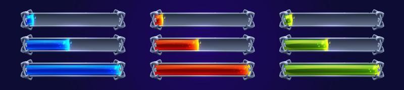 barras de progresso do jogo definidas em azul, vermelho, verde vetor