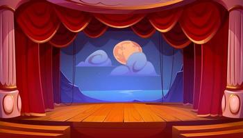 palco de teatro vazio, cortinas vermelhas, piso de madeira