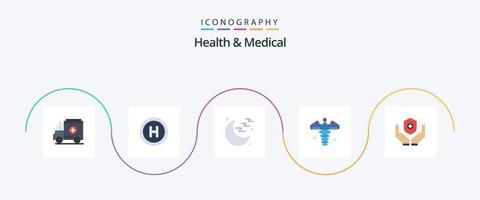 saúde e pacote de ícones planos 5 médicos, incluindo . escudo. placa. medicamento. farmacia vetor