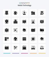 tecnologia de mídia criativa pacote de ícones preto sólido de 25 glifos, como diretor. mensagem. sobre. computador portátil. computador vetor