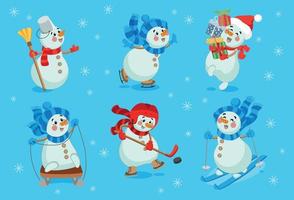 conjunto de bonitos bonecos de neve de natal em chapéus, lenços. personagens fofinhos vetor