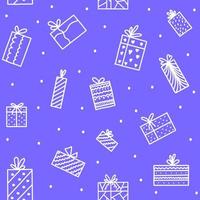 feliz ano novo e padrão perfeito de natal com caixas de presente em estilo doodle em fundo muito peri na moda, imprimir para papel de parede, design de capa, embalagem, decoração de interiores de férias. vetor