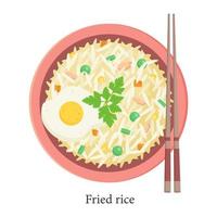 arroz frito em um prato com pauzinhos. prato asiático tradicional. ilustração vetorial. vetor