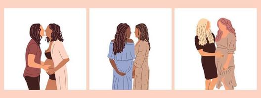 conjunto de três casais, gravidez, conceito lgbtq. casal de desenhos animados de lésbicas de menina jovem. boas notícias e ilustração de felicidade da maternidade vetor