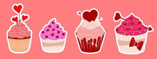 conjunto de quatro ícone de cupcake de dia dos namorados com coração de estilo plano isolado no fundo branco. conceito de amor. ilustração vetorial. vetor