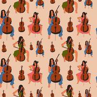 padrão perfeito com conjunto de três meninas tocam violoncelo. mulheres jovens. violoncelo. vetor