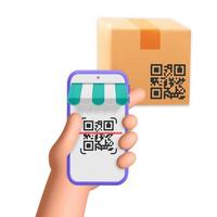 Código QR de digitalização de mão vetorial 3D com serviço de aplicativo móvel em smartphone a partir do design de modelo de pacote de caixa de encomendas de entrega