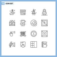 conjunto de 16 sinais de símbolos de ícones de interface do usuário modernos para lançamento de placa de coração, bloqueio de segurança, elementos de design de vetores editáveis