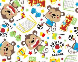padrão vetorial perfeito de desenho animado de macaco engraçado com elementos de futebol vetor