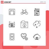 pacote de interface do usuário de 9 contornos básicos de arquivos fotografia gazeta câmera jornal editável elementos de design vetorial vetor