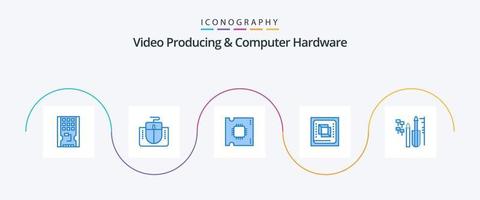 produção de vídeo e pacote de ícones azul 5 de hardware de computador, incluindo processador. CPU. computador. computador. chip processador vetor