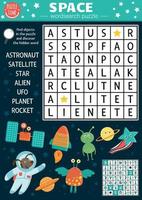 quebra-cabeça de caça-palavras de espaço vetorial para crianças. palavras cruzadas de astronomia simples para crianças. atividade com ufo, astronauta, estrela, planeta, foguete, alienígena, satélite. palavra cruzada do sistema solar vetor