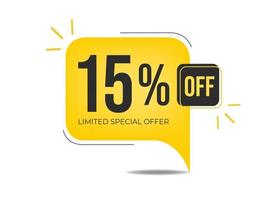 15% de desconto na oferta especial limitada. banner com quinze por cento de desconto em um balão quadrado amarelo. vetor