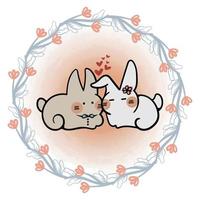 coelho de casal com coroa de flores redonda romântica para gráficos vetoriais de celebração do dia dos namorados 02 vetor