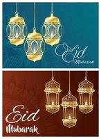Ser de banner de celebração eid mubarak com lâmpadas penduradas vetor