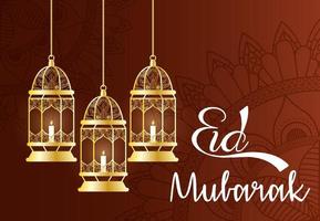 Banner de celebração eid mubarak com lâmpadas penduradas