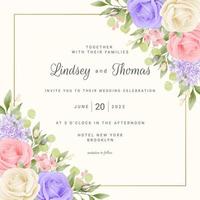 modelo de cartão de casamento floral com rosas e moldura vetor