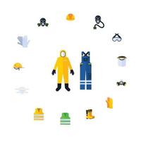 uma pessoa usando equipamento de proteção individual e equipamento de proteção respiratória rpe com jaqueta de construção. máscara facial de amianto, EPI, luvas de mão, jaqueta amarela é vista.