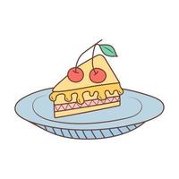pedaço de bolo com cereja em um prato. aniversário, celebração, feriado, conceito de festa. mão desenhada doodle ilustração. vetor