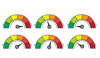 defina a escala de cores com a seta de vermelho para verde com nível baixo e alto. escala de risco, tacômetro, velocímetro rápido, hemoglobina, satisfação. ilustração vetorial plana isolada no fundo branco vetor