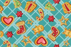 padrão sem emenda de ícones coloridos lindos biscoitos de Natal. doce decorado ano novo backings background - homem de gengibre estrela santa floco de neve árvore de natal bola meia. vetor