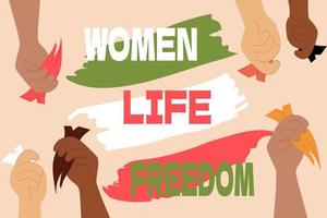 liberdade de vida das mulheres. mãos segurando um tufo multicolorido de cabelo cortado. bandeira conceitual de aliança internacional em defesa das mulheres iranianas. pinceladas nas cores da bandeira iraniana. protesto iraniano. vetor. vetor
