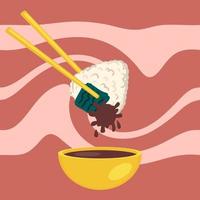 bola de arroz japonês onigiri com tigela de molho de soja e pauzinhos. vetor