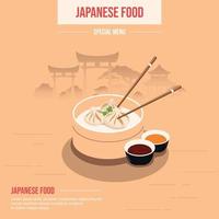 modelo, banner de mídia social com comida asiática, xiao long bao. conceito de restaurante japonês com arquitetura asiática. vetor