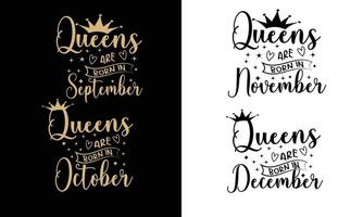pacotes de design de aniversário de rainhas. camisa de aniversário de mulher de setembro a dezembro. vetor