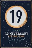 Cartão de convite de aniversário de 19 anos. modelo de celebração elementos de design moderno fundo azul escuro - ilustração vetorial vetor
