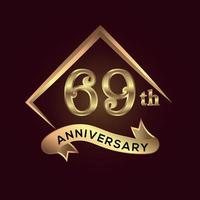 comemoração dos 69 anos. logotipo de aniversário com quadrado e cor dourada de elegância isolado em fundo vermelho, desenho vetorial para celebração, cartão de convite e cartão de felicitações vetor