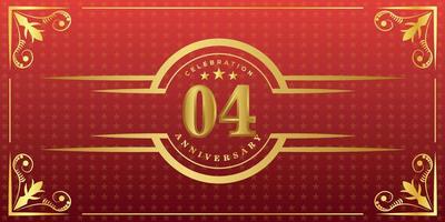 logotipo do 04º aniversário com anel de ouro, confete e borda de ouro isolado em fundo vermelho elegante, brilho, desenho vetorial para cartão de felicitações e cartão de convite vetor