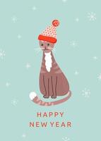 cartão de feliz ano novo com símbolo do ano 2023. gato sentado dos desenhos animados no chapéu vermelho de malha. lindo papai noel. composição festiva de inverno. vetor