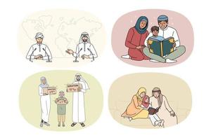 conjunto de diversas famílias árabes com crianças em roupas tradicionais lêem o Alcorão. coleção de pessoas árabes seguindo costumes e tradições. cultura e religião. ilustração vetorial. vetor