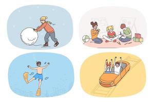 conjunto de crianças pequenas sorridentes se divertem relaxam no fim de semana de lazer. coleção de crianças felizes e felizes brincam com amigos, divertem-se com jogos e atividades. infância e educação. ilustração vetorial. vetor