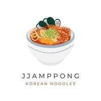 logotipo de ilustração de macarrão picante coreano jjampong com frutos do mar e legumes vetor