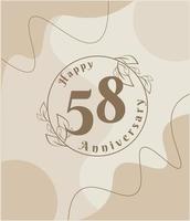 Aniversário de 58 anos, logotipo minimalista. ilustração vetorial marrom no design de modelo de folhagem minimalista, deixa desenho de tinta de arte de linha com fundo vintage abstrato. vetor