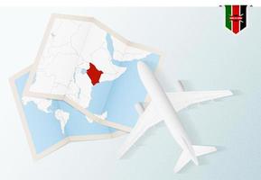 viajar para o Quênia, avião de vista superior com mapa e bandeira do Quênia. vetor