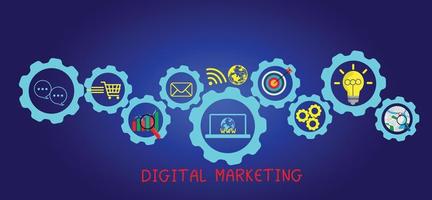 materiais de marketing digital de conceito anunciam seu site, e-mail, rede social, seo, vídeo, aplicativo móvel com ícones e analisam roi e estratégia. vetor