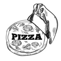 emblema de vetor fresco diário de pizza no quadro-negro. modelo de logotipo de pizza. emblema vetorial para café, restaurante ou serviço de entrega de comida.