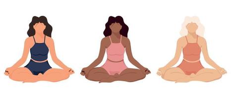 conjunto de mulheres na posição de lótus. coleção de meninas fazendo ioga. mulher africana está meditando. ilustração vetorial. estilo plano. vetor