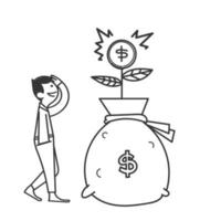 planta de dinheiro desenhada à mão cresce a partir de uma ilustração de saco de dinheiro vetor