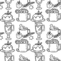 padrão perfeito com cacau com pão de gengibre com copo de ilustração de vinho quente em doodle vetor