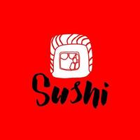 ilustração de rótulo de rolo de sushi cor branca sobre fundo vermelho vetor