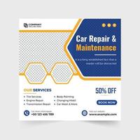 vetor de postagem de mídia social de reparação de veículos com cores amarelas e vermelhas. modelo de serviço de manutenção de carro moderno para promoção de negócios. design de cartaz de anúncio de serviço de reparo de carro para marketing digital