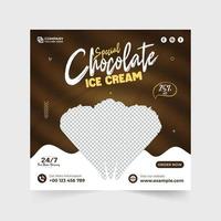 design de pôster promocional de sorvete saboroso com formas de cores escuras e chocolate. modelo de banner da web com desconto de venda de sorvete para marketing de mídia social. vetor de post de mídia social de sobremesa.