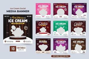 coleção de modelo de oferta de desconto especial de sorvete para marketing digital. vetor de postagem de mídia social de sorvete e sobremesa com cores escuras e verdes. design de pacote de modelo de negócios de sorvete.
