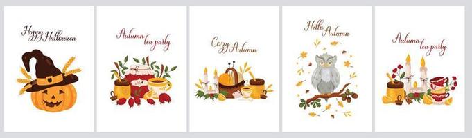 cartões postais de outono de festa do chá com abóbora, coruja, geléia, velas e mel vetor