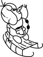 boneco de neve doodle2. um boneco de neve fofo com um chapéu de inverno está andando de trenó. ilustração em vetor branco e preto dos desenhos animados.