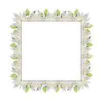 moldura quadrada desenhada à mão em aquarela com flores da primavera, gotas de neve, folhas verdes frescas. isolado no fundo branco. design para convites, casamento, cartões, papel de parede, impressão, têxtil. vetor